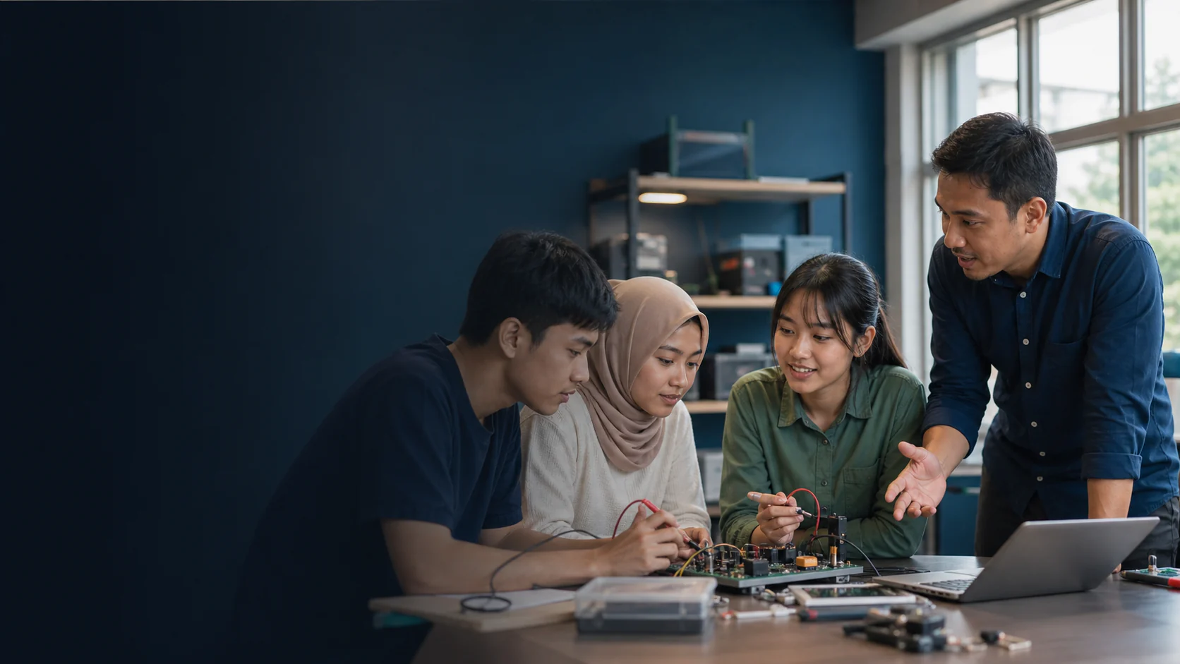 Malaysian TVET students collaborating with an educator on an electronics project