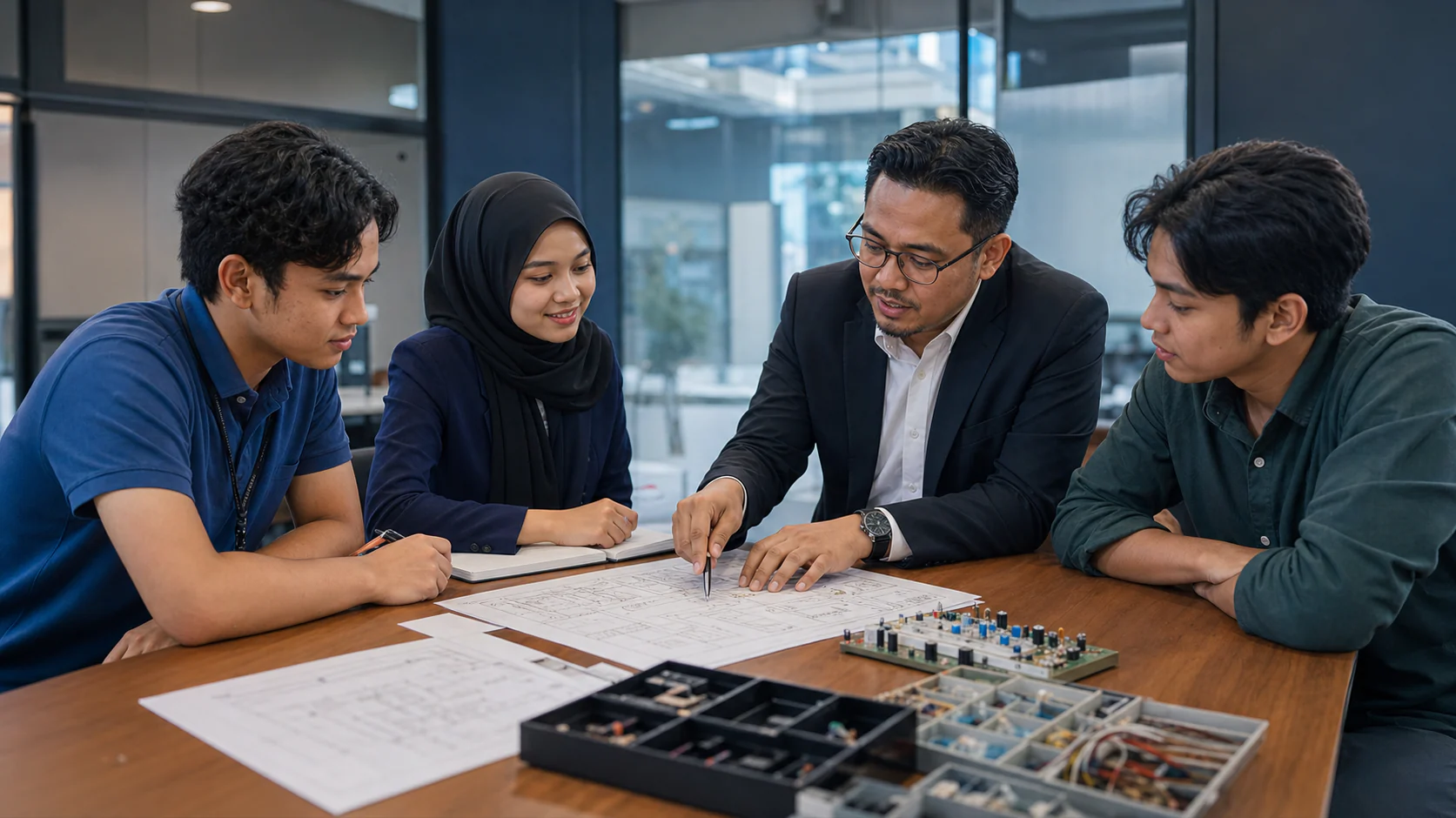 Educator and industry mentor planning an electronics learning activity with TVET students