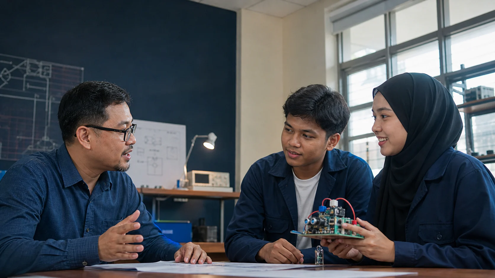 TVET students presenting an electronics project to an educator