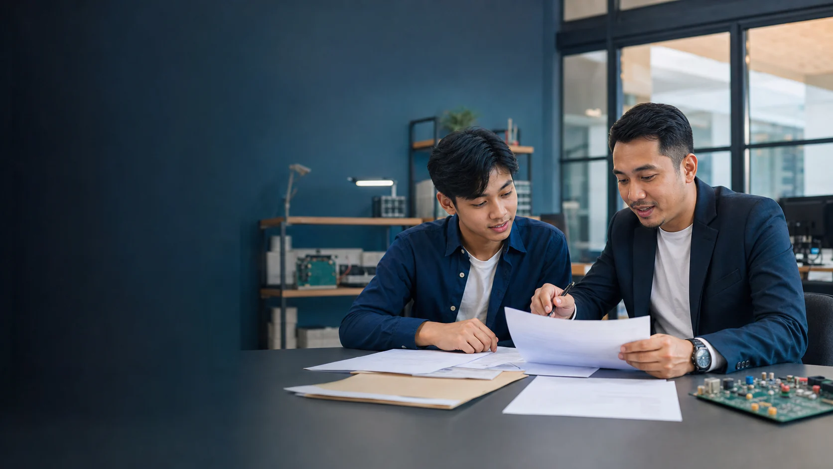 Prospective Malaysian student reviewing application guidance with a college advisor