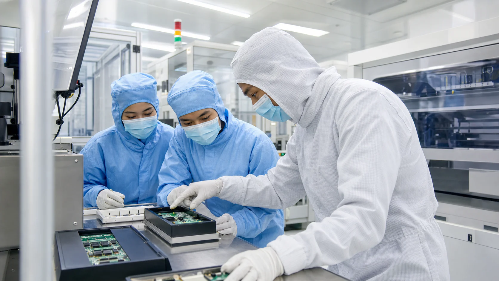 Malaysian technical trainees learning a controlled electronics process in a 10K cleanroom concept