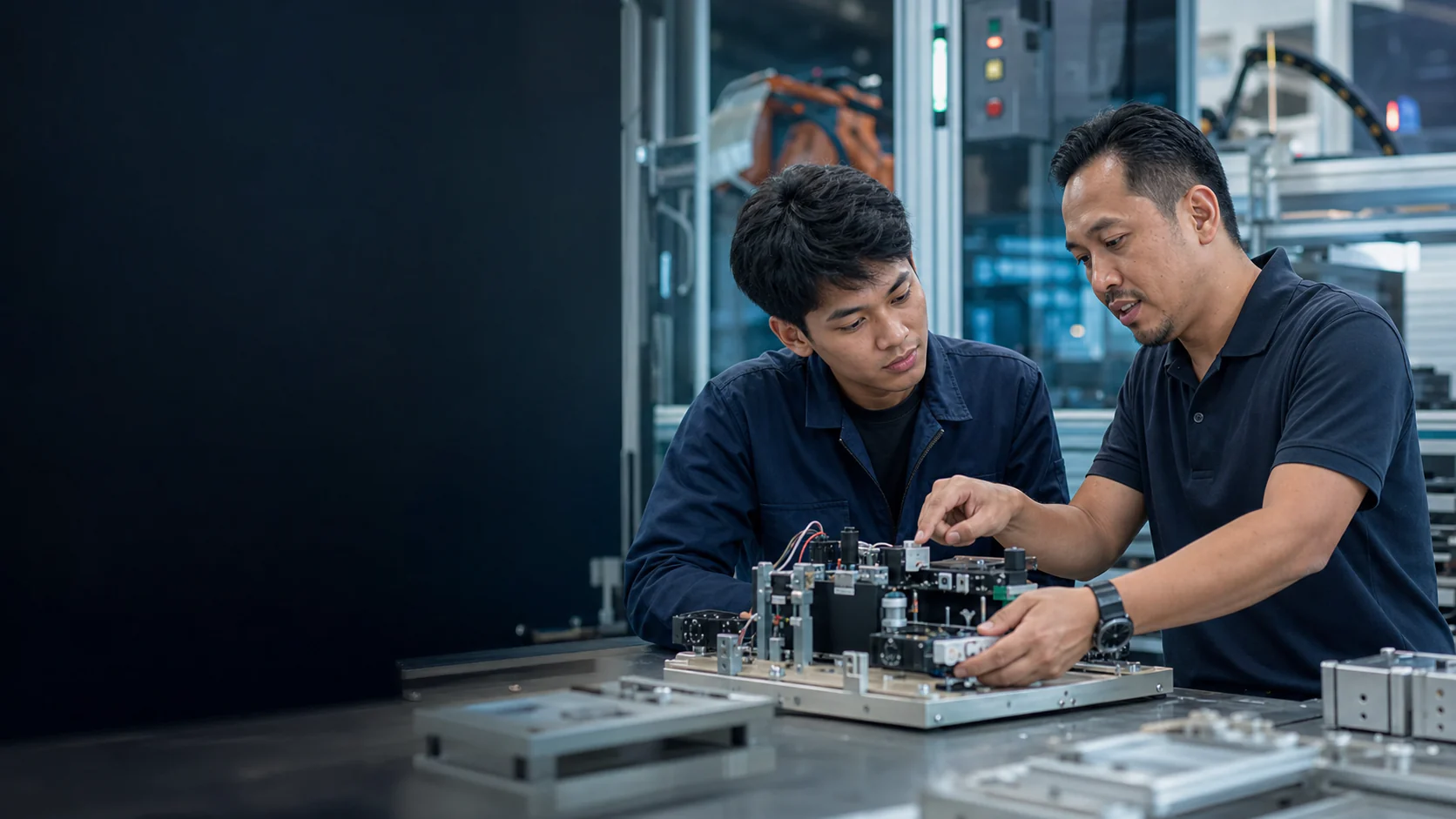 Malaysian TVET student reviewing an electronics test fixture with an industry mentor