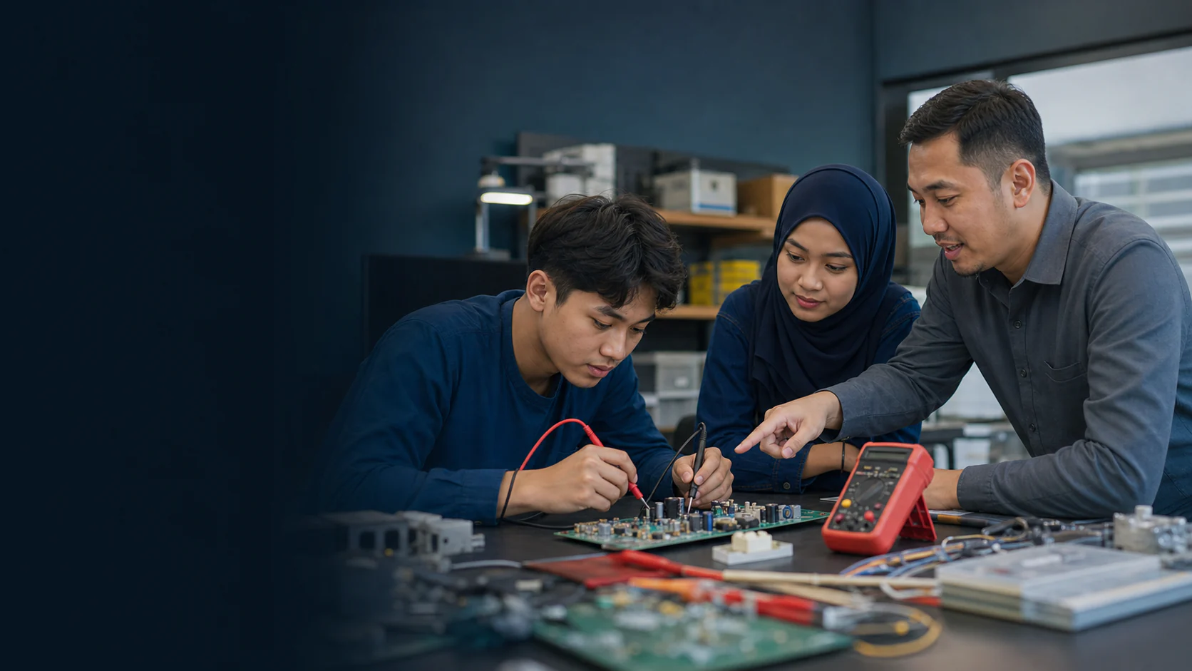 Malaysian TVET students practising supervised circuit-board diagnostics