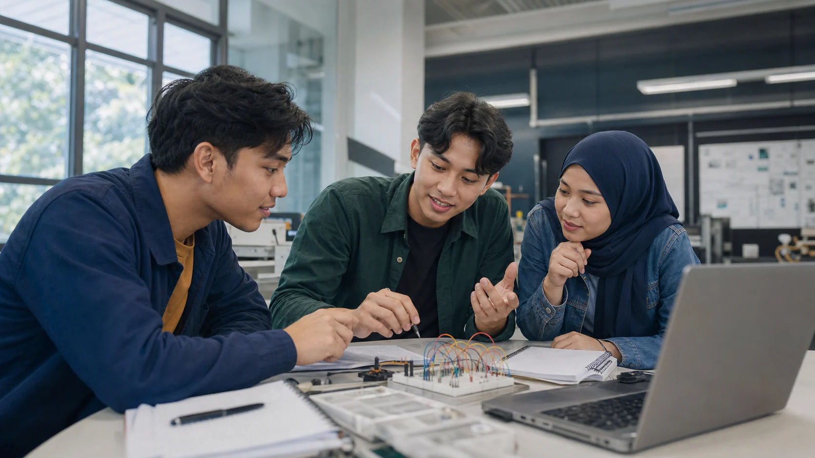 TVET students supporting one another during an electronics study session